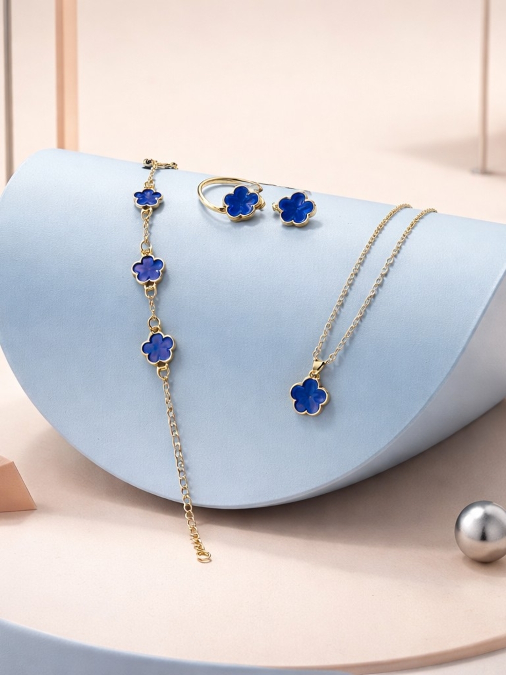 Gold Plated Blue Flower Jewelry Set - Necklace, Bracelet & Ring